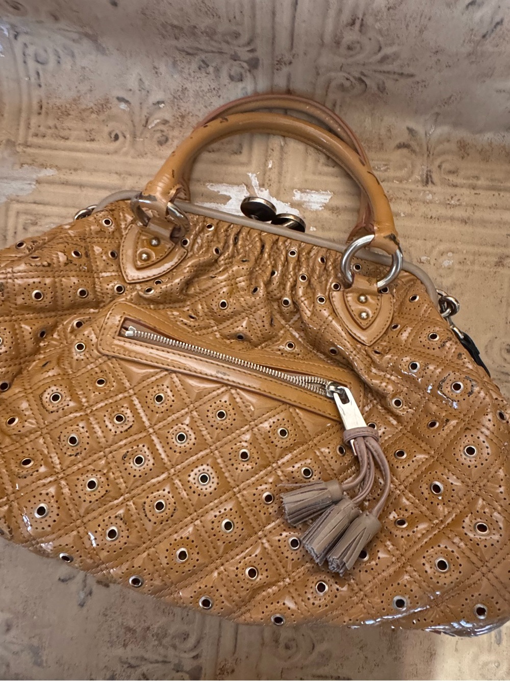 Vintage Marc Jacobs Stam Bag Tan Quilted Eyelet Satchel with Tassel Zip